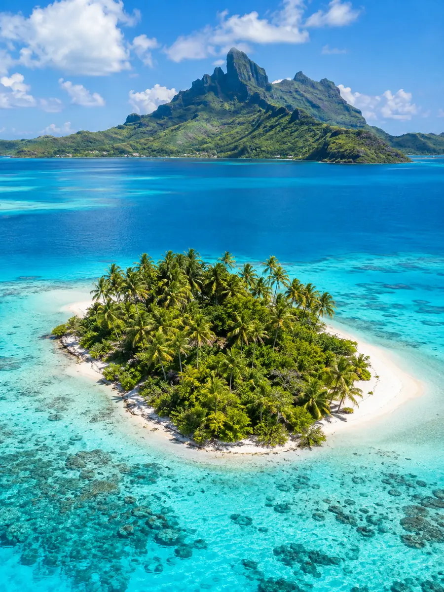 Un islote motu cubierto de palmeras, rodeado de arena blanca y agua turquesa en la laguna de Bora Bora