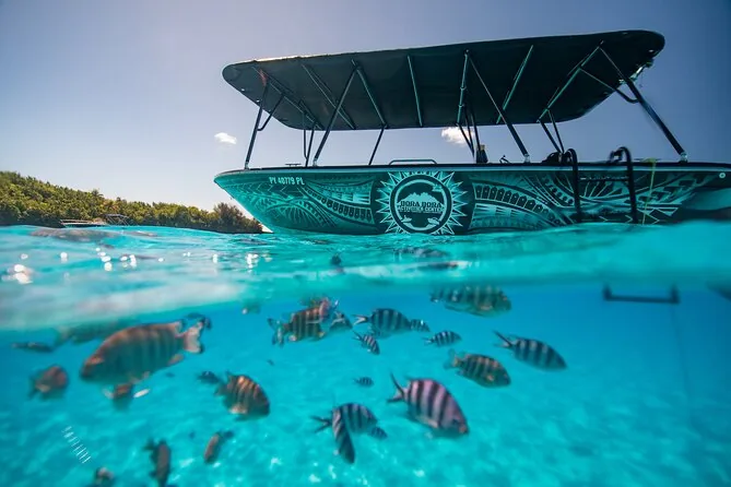 A tour boat over coral heads in clear turquoise water