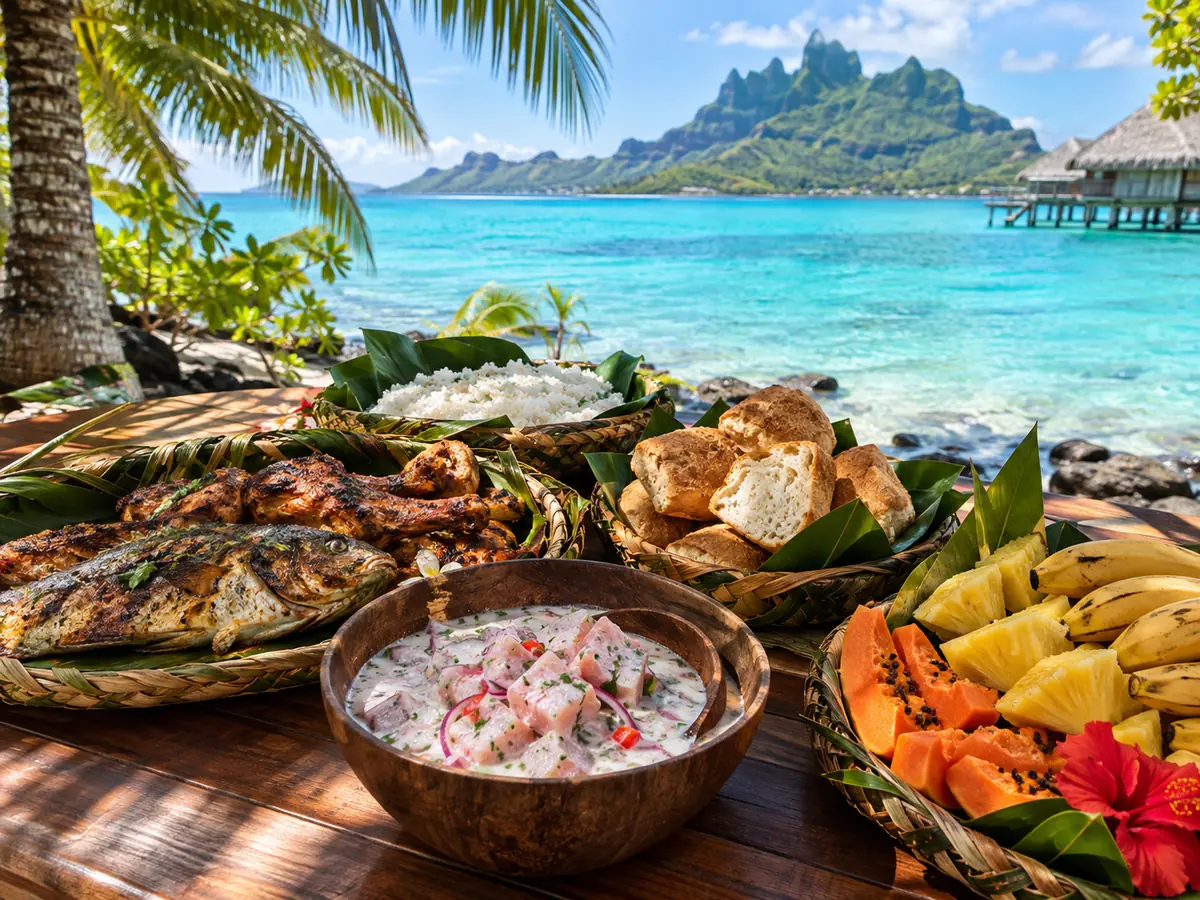 Un almuerzo polinesio de pescado crudo con leche de coco, pescado a la parrilla, pan de coco y fruta tropical sobre hojas de palma